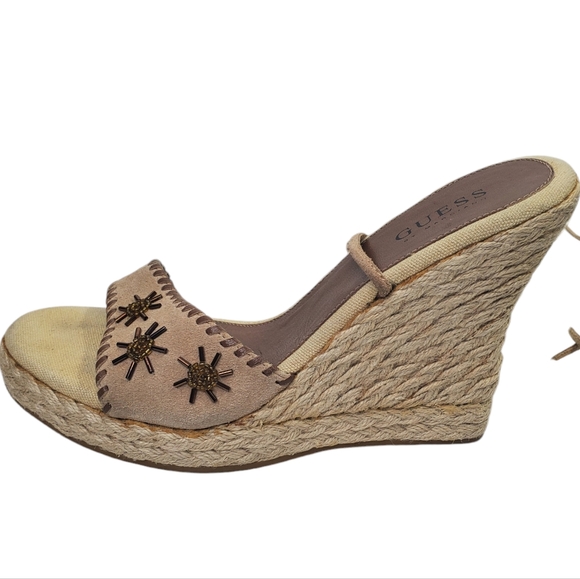 GUESS Wedge Espadrille Lace Up Sandals Proper Beaded Cream Beige Sz 7 - Picture 9 of 12